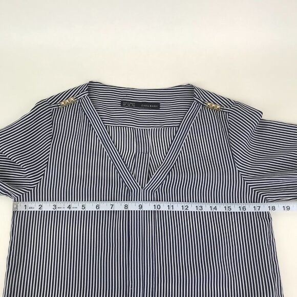 Zara Basic Striped V-Neck Blouse Women’s Size XS Embellished Roll Tab Sleeves - Picture 7 of 12